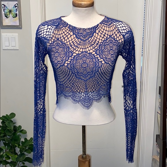For Love & Lemons blue lace "Grace" crop top - Picture 1 of 10